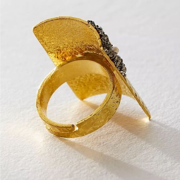 NWT Marly Moretti Free People Alba Freshwater Pearl/Brass/Pyrite Stone Ring Adj - Picture 5 of 11